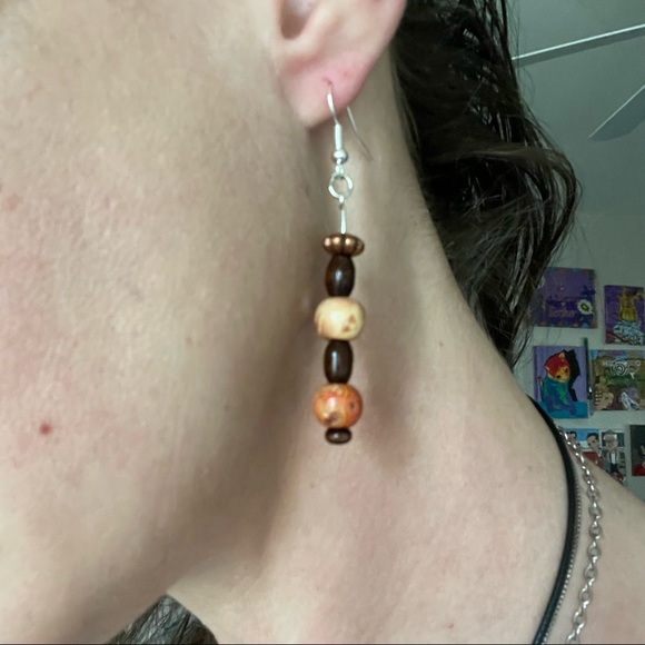 New Handmade Sterling Silver Petrified Wood Orange Brown Wooden Dangle Earrings - Picture 5 of 10